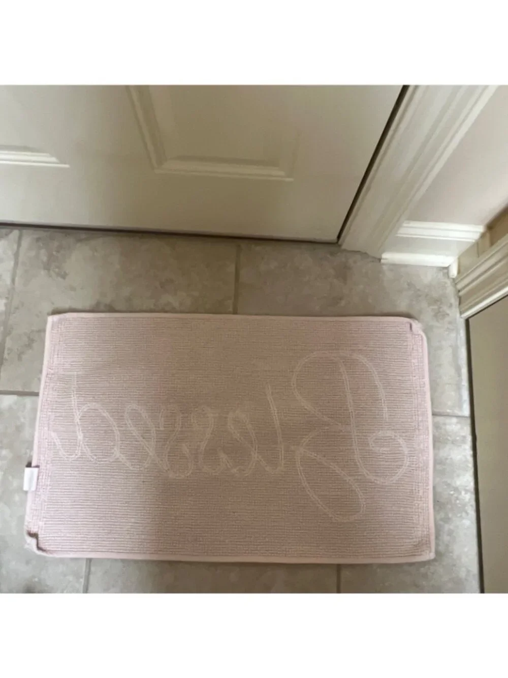 Chenille Rug Bath Mat Pink & White “Blessed” 29 X 18” Cottage Core
